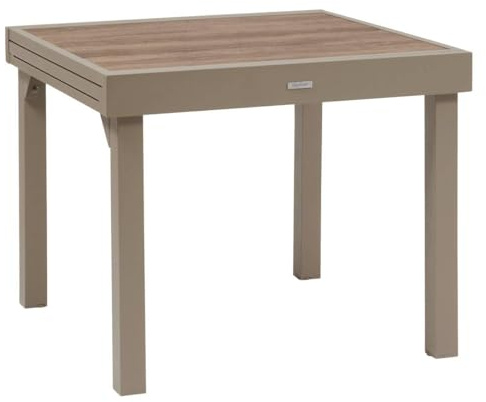 Hespéride - Piazza Café Ausziehbarer Gartentisch - 8 Sitzplätze - Rostfreies, epoxidbeschichtetes Aluminium - Tischplatte aus gehärtetem Glas in Holzoptik - Ausziehbarer Gartentisch