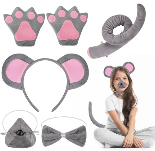 Owdenuy Mouse Costume Set, 6pcs Rat Costume with Mouse Ears Headband Tail Nose Grey Bow Gloves, Animal Fancy Dress Costume for World Book Day Halloween Cosplay Birthday Party