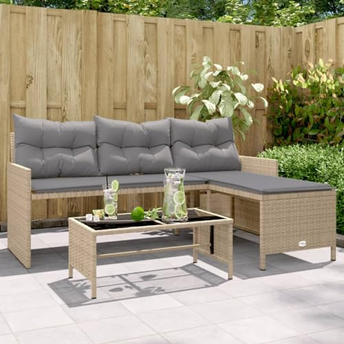 Mandloder Gartensofa L-Form, Beige Poly Rattan, 3-Sitzer mit Couchtisch, Hartglasplatte, Bequeme Kissen, für Terrasse, Garten, Outdoor-Möbel Set