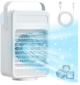 Mini aire acondicionado portatil, Enfriador De Aire Portátil, Ventilador hielo 4 en 1, ventilador nebulizador 4 velocidad del viento, humidificador de 2 niveles para habitación y oficina