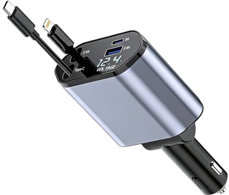 Retractable Car Charger, 120W 4-in-1 Cigarette Lighter USB with 2 Freely Retractable Cables & USB C & Type-C Ports, Adapter 12/24V Car Accessories for Men Women, Bluetooth FM Transmitter Radio Music
