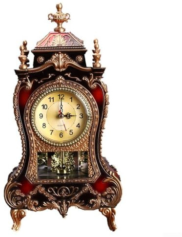 Kaminuhr aus Holz, Vintage-Stil, römische Zifferblätter, Wohnzimmer, dekorative Uhr, geräuschloser Sweep-Sekunden-Quarz-Tischregal, Uhren für Wohnzimmer, Kamin (braun und rot)