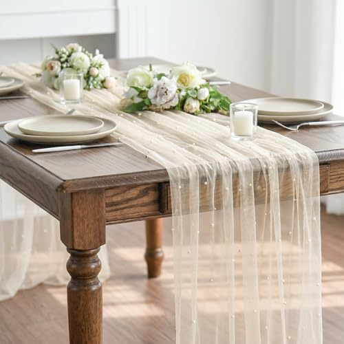 Gleevio Hochzeitsdeko Tüll Tischläufer Champagner Perlen,Tischdeko 80x300cm | Tischläufer Hochzeit Tischdeko Outdoor mit Perlen,für Hochzeit,Geburtstag,Taufe,Babypartys,Weihnachten von Tisch Dekoration
