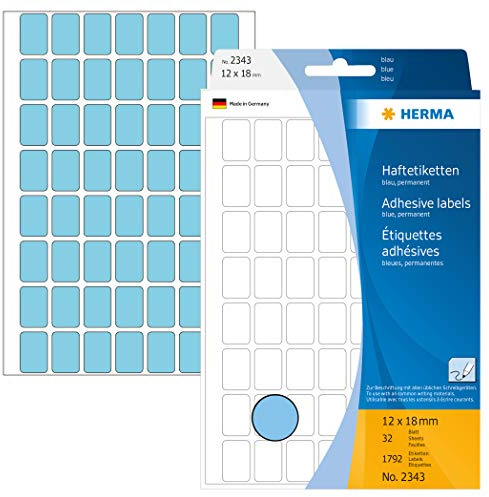 HERMA 2343 Vielzweck-Etiketten, 1792 Stück, 12 x 18 mm, 56 pro Bogen, selbstklebend, Haushaltsetiketten zum Beschriften, matt, blanko Papier Klebeetiketten Aufkleber, blau