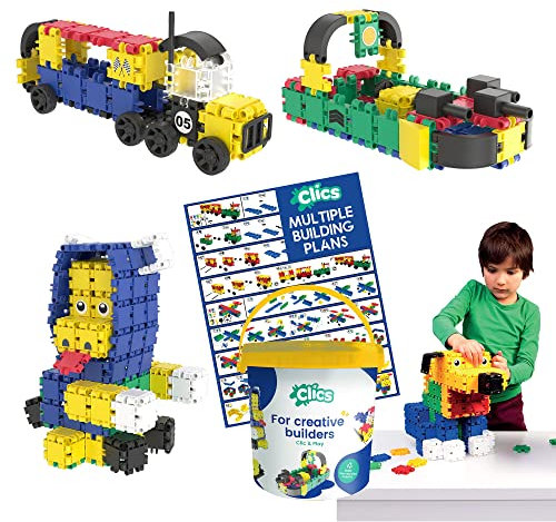 CLICS Konstruktionsspielzeug für Kinder ab 3 Jahre, kreatives Lernspielzeug im 275 Teile Set, Bausteine für Mädchen und Jungen, Montessori STEM-Spielzeug, Eimer 10 in 1,