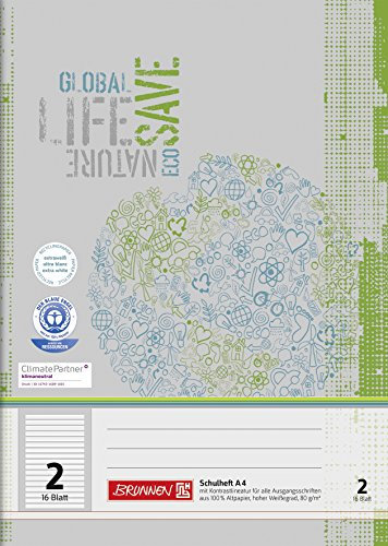 BRUNNEN Schulheft Recycling | A4, Lineatur 2, 16 Blatt, grün/grau