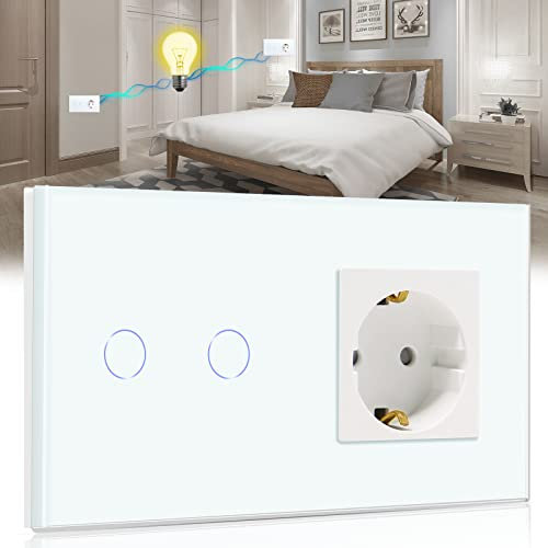 BSEED Interruptor con Enchufe,2 Gang 2 Vías interruptor tactil pared+16A 250V Enchufe de pared,Panel de cristal Interruptor conmutador de superficie,Schuko Enchufe Blanco