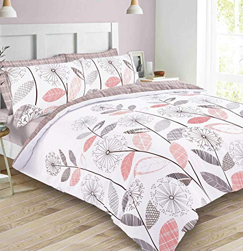 Dreamscene Allium - Set copripiumino con federa, reversibile, motivo scozzese, rosa cipria e grigio, per letto super king size