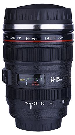 Taza de aislamiento con forma de lente de cámara de 6 tipos, frasco de viaje aislado de acero inoxidable, taza de té para fotógrafo, tazas de café de cineasta novedosas(V Negro)