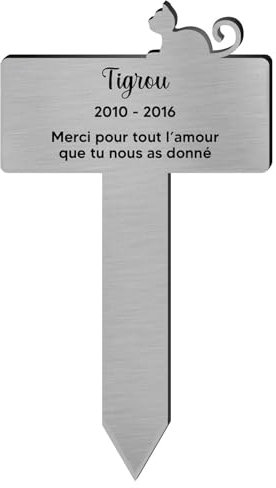 DECOHO - Plaque funéraire Personnalisable pour Animaux Silhouette Couleur Or brossé - Gravure Laser Durable - Chat allogé Couleur Argent - Argent