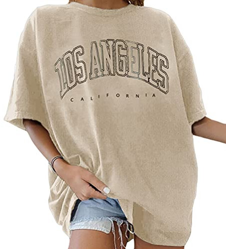 Tomwell T-Shirt Damen Oversized Mode Lose Rundhals Kurzarm Sommer Oberteile Vintage Drucken Bluse Streetwear Sport Oberteile Vintage Sweatshirt Teenager Mädchen Tunika Lang Tops Aprikose L