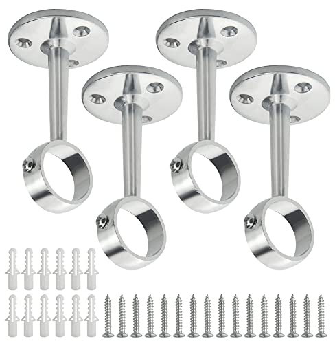 WMYCONGCONG 4PCS Shower Curtain Rod Bracket Ceiling Mount Pole Holder 1 Inch(25.5mm) Diameter Metal Closet Rod Support Shelf Bracket Heavy Duty Wardrobe Flange Pole Socket with Screw Kit, Silver