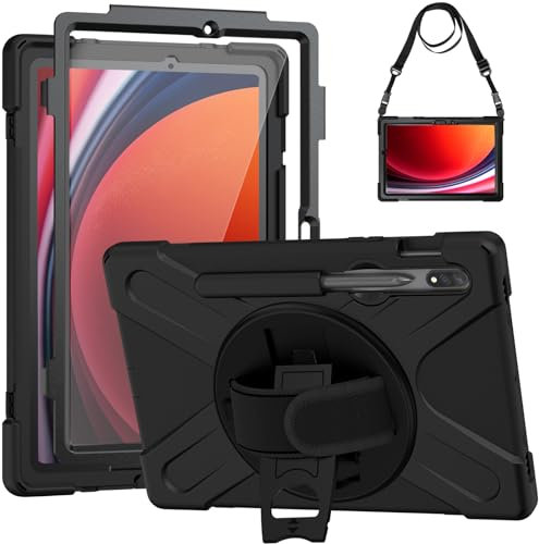 Gerutek Hülle für Samsung Galaxy Tab S10 FE/Tab S9 FE/S9/S8 /S7 10.9/11 Zoll 2025/2023/2022/2020 mit Displayschutz, Stoßfeste Robust Schutzhülle mit Drehbar Stände Handschlaufe Schultergurt, Schwarz
