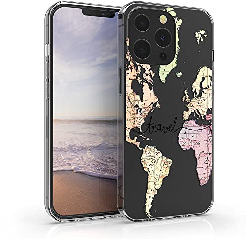 kwmobile Clear Case Compatible with Apple iPhone 13 Pro - Phone Case Soft TPU Cover - Travel Black/Multicolor/Transparent