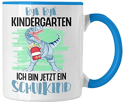 Trendation - Einschulung Junge Dino Geschenk für Schultüte Füllung Tasse Schulstart 1. Schultag Schuleinführung Schulanfang Geschenkidee Schulkind 2021 (Blau)
