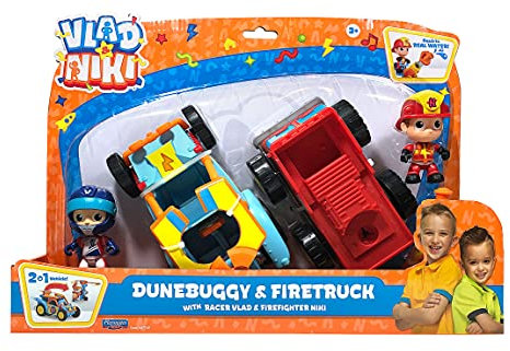 BANDAI Vlad & Niki Crazy Fun Vehicles – Wasserstrahl-Feuerwehrauto mit Feuerwehrmann Niki & Dune Buggy mit Racer Vlad- Packung mit 2 Fahrzeugen mit lustigen Funktionen und Zubehör, Mehrfarbig, P57749