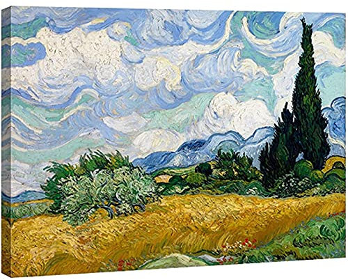 Jianghu Art Weizenfeld mit Zypressen von Van Gogh Berühmte Ölgemälde Reproduktion Extra große moderne Galerie verpackte Kunstwerke 80x120cm (32x47in) mit Rahmen