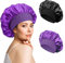 Kiiwah 2 Stück Satin Bonnet Schlafhaube Seide Locken Schlafmütze Verstellbare Schlafkappe Kopfbedeckung Weiche kopfhaube zum Schlafen mit Gummizug für Damen Mädchen(Schwarz, Violett)