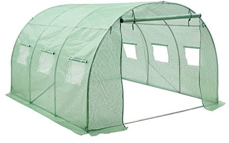 Serre de Jardin Tunnel Protection Intempéries Porte et 6 Fenêtres Zippées pour Fleurs Légumes Herbes Acier Polyéthylène 300 x 300 x 200 cm Vert