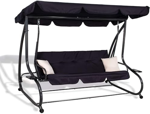 Springos 4-Personen Garten-Hängesessel mit verstellbarem Dach, Wasserdichten Polstern, Rostschutz, 300 kg Tragfähigkeit, 2 Seitentische, Liegefunktion, Stabile Stahlkonstruktion, Schwarz