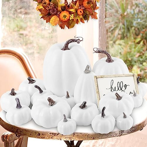 Benjia Kürbis Herbst Deko Dekoration Draußen, Groß Mini Weiß Kürbisse Zierkürbisse Herbstdeko Herbstdekorationen Halloween 16 Stück
