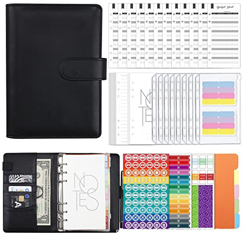 Raccoglitori ad Anelli Money Binder Raccoglitore Notebook A6 Pelle PU Quaderno Porta Soldi,Agenda Porta Soldi Budget Binder Organizzatore Soldi Portadocumenti per Budget (Nero)