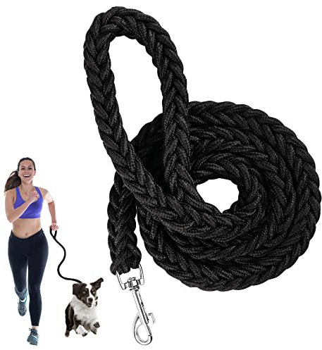 Rope Dog Lead,Strong Dog Leash with Comfortable Padded Handle,Nylon Eight Strand Braided Lead,Heavy Duty Rope,Slip Leads,Rotating Safety Buckle for Small Medium Large Dogs 1.3m (Black)