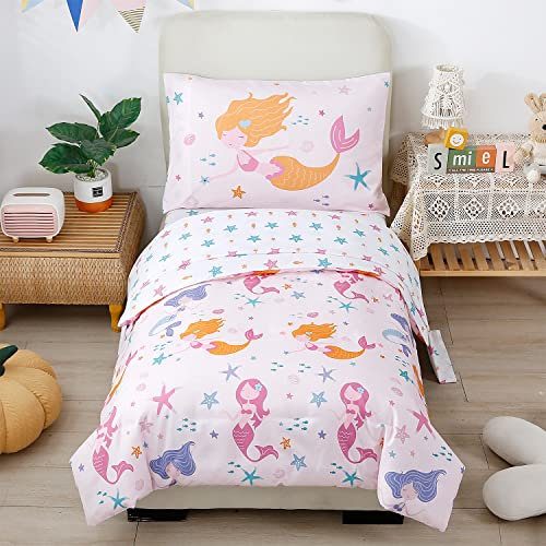 STYHO Mermaid Pattern Bedding Set for Cot Bed Stars Fish Print Toddler Duvet Cover Reversible Light Pink Girls Kids Comforter Cover(Light Pink, Cot Bed)