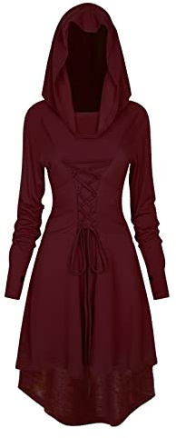 FSUJWOA Robe Medievale Femme, Costumes Renaissance Capuche avec Lacets Vintage Pull Hoodie Gothique
