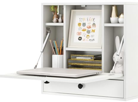 IFANNY Folding Wall Desk, Wood Wall Mounted Desk with Storage Drawer and Shelves, Fold Down Wall Mount Laptop Desk, Corner Floating Desk for Small Spaces (White)