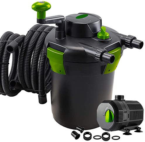 PondHero Turn2Clean Pond Pump and Pond Filter Sets | Includes UVC | Hose and Clips (4000 Filter 13W UV & 2300 LPH Pump), Black