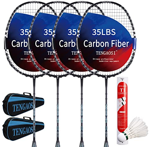 TENGAOSI Professionelles Badmintonschläger-Set, 4 Stück, Sport, Outdoor, Hinterhof oder Innenbereich, Badminton-Spiel-Set mit Federbällen - Enthält 4 Schwarze Schläger, 12