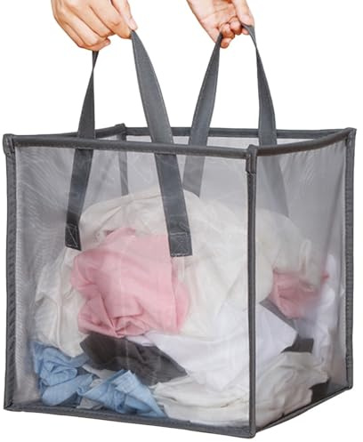 BOSNONA Mesh Pop Up Laundry Basket with Handles Portable and Collapsible Laundry Hamper Foldable Storage Organizer for Laundry Room Clothes Toys (Grey-Single Layer)