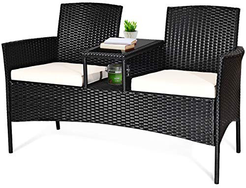 GIANTEX Polyrattan Gartenbank, Bank 2-Sitzer Sitzbank mit Tisch & Kissen, Rattan Gartenmöbel Set Gartenset wetterfest, Balkonmöbel Terrassenmöbel 138x61x85 cm, Sitzgarnitur für Balkon Garten (Beige)
