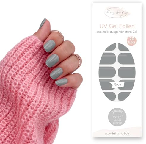 Fairy Nail UV Nagelfolien selbstklebende Gelfolien halb ausgehärtet 20 Stück Nailwraps Nagellackstreifen zum aufkleben (Grau)