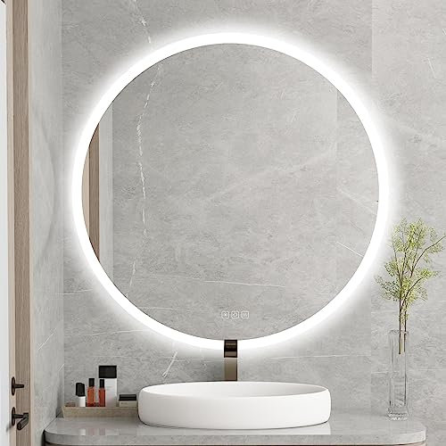 furduzz 800mm Round Bathroom Mirror with LED Lights, Backlit Led Bathroom Mirror, Circular Wall Mounted Bathroom Vanity Mirror with Memory Dimmable,3 Colors Temperature,Anti-Fog Mirror