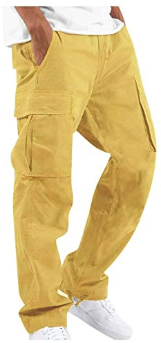 Pantalon Cargo Homme Randonnée Toile Large Lange Baggy Mit Seitentaschen Vintage Peintre Carreaux Pants Sécurité Chino Regular Jaune M