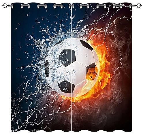 YUANZU Fußball Vorhänge Soccer Ball in Feuer und Wasser Ösen Gardinen mit Blickdichte Vorhang Kälteschutz Blackout Curtain Kinderzimmer Schlafzimmer Verdunkelung Fenster, 2 Stück, H 213 x B 200 cm
