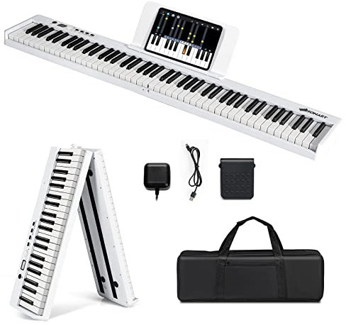 GYMAX 88 Keys Electronic Keyboard, Foldable Digital Piano with Bluetooth, MP3/USB/MIDI, Split Function, Sustain Pedal & Bag, Full Size Electric Piano for Beginners, Adults, Kids (White)