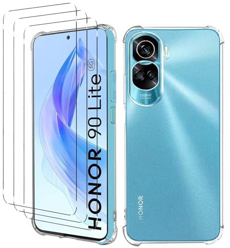 Xxmbbjy Cover per Honor 90 Lite 5G Trasparente Custodia con 3 Pezzi Pellicola Protettiva in Vetro Temperato, Cover TPU Morbido Honor 90 Lite 5G Silicone Anti-Caduta Case