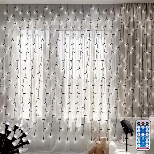 CERIAL Curtain Lights Indoor Outdoor 2M X 2M 200LEDs Diamond LED Shape Hanging Backdrop Christmas Curtain Fairy Lights Waterfall Icicle Lights Solar Powered,Black Wire with Remote,Waterproof(White)