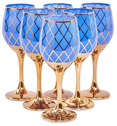 CretFine Colored Wine Glasses, Long Stem Blue Wine Glasses with Gold Rimmed, Fancy Glass Set of 6, Birthday Blue Purple Goblets, Wedding, Housewarming Gifts (12oz), (CF-Set006-P6)