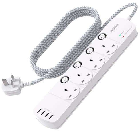 1.8M Extension Lead, 4 Way Socket Outlets Power Strips with 4 USB, 1050J Surge Protection Multi Plug Extension with Braided Extension Cable for Home, Office, Individually Switched, White