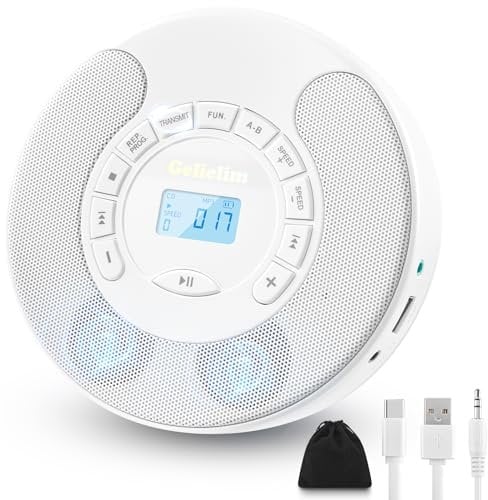 Gelielim Portable CD Player with Bluetooth - Rechargeable Walkman for Car - Built-in Speaker, Bluetooth Transmitter - A-B Repeat and Speed+/- - Personal CD Player with Headphone Jack & AUX Cable