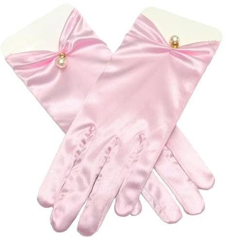 ihreesy Kurze Satinhandschuhe, 22cm Hochzeitshandschuhe Opernhandschuhe 1920er Jahre Perlenhandschuhe Blumenhandgelenk Spitzenhandschuhe Damen Handgelenk für Frauen und Mädchen,Rosa