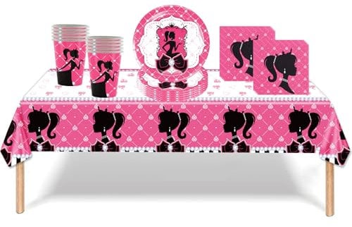 Juego de 41 piezas de vajilla Shinny Girl Bar-bie – Decoración de fiesta de cumpleaños rosa intenso, mantel, platos de papel, servilletas, vasos para decoración de mesa de cumpleaños de niña