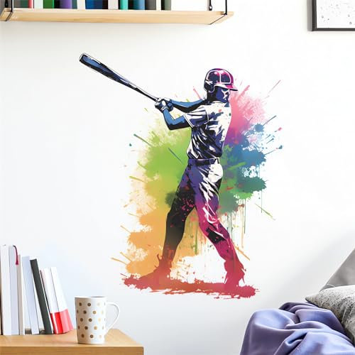 sacinora Wandaufkleber, Motiv: Baseballspieler, Aquarell, Sport, abnehmbar, Vinyl, zum Abziehen und Aufkleben für Kinder, Teenager, Jungen, Schlafzimmer, Kinderzimmer, Spielzimmer, Heimdekoration