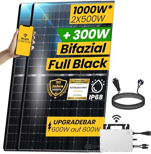 EPP.Solar® 1000W Balkonkraftwerk 800W komplett Steckdose - Balkonkraftwerk 800 Watt upgradebarer HMS Wechselrichter 800W, 2x500W Bifaziale Glas/Glas Solarmodule im Solaranlage Komplettset