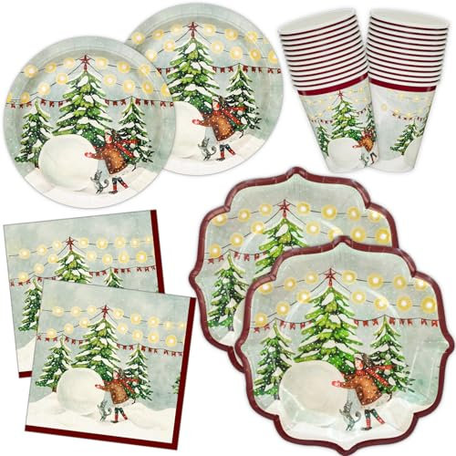 HNH 96 Pezzi Piatti, Tovaglioli e Bicchieri di carta Natale, Palla di neve Piatti di carta da dessert usa e getta Set di Stoviglie monouso per feste
