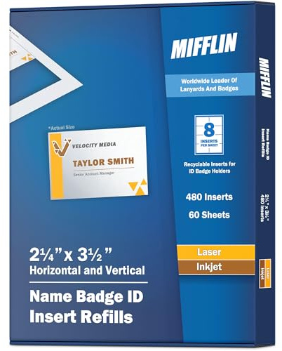 Mifflin-Namensschild-Nachfüllpackungen 5,7 x 8,9 cm (480 Karten, 60 Blatt), bedruckbare Namensschilder, anpassbare Blanko-Namensschild-Einsätze für Laser- und Tintenstrahldrucker, personalisierte